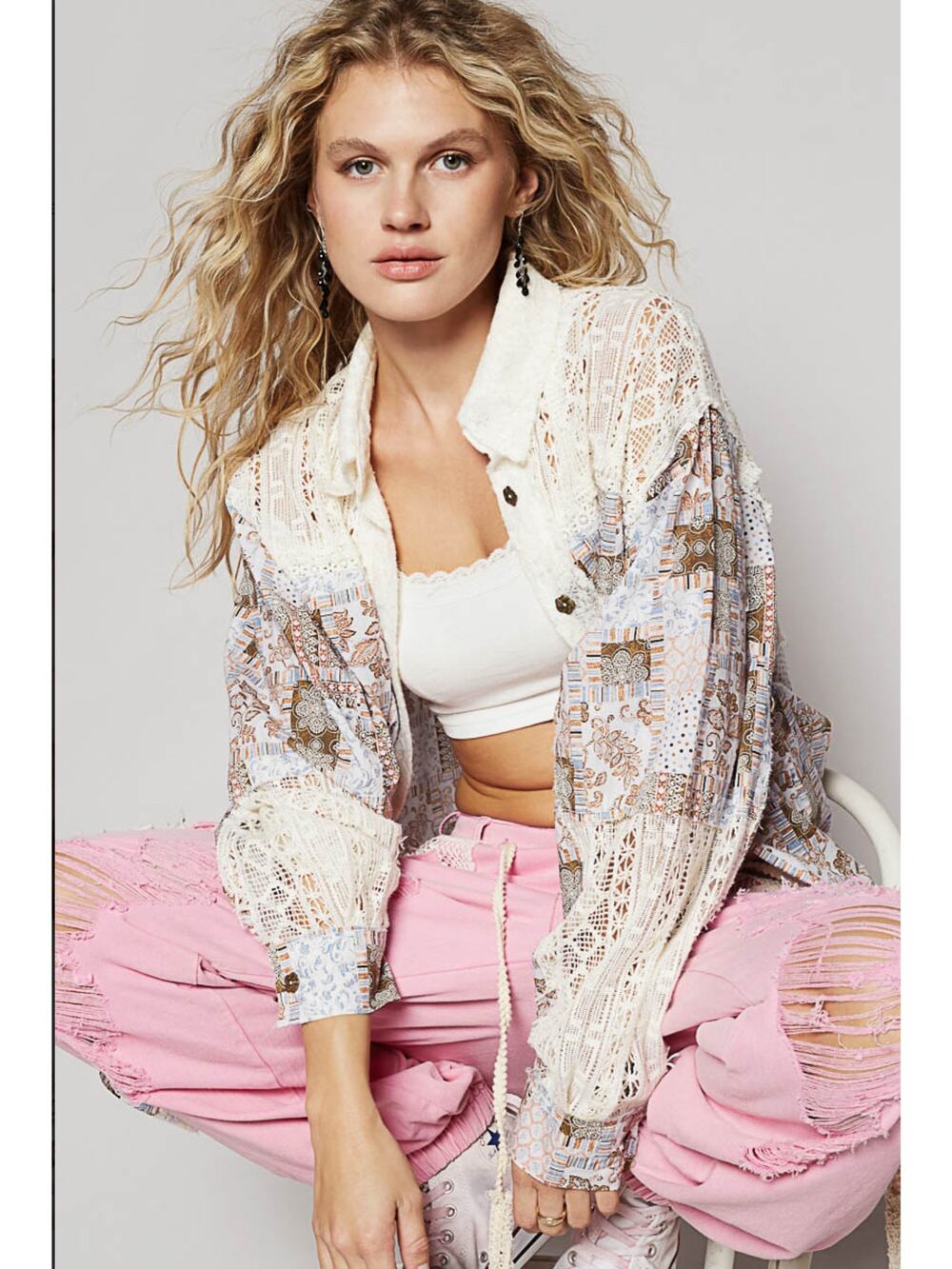 New!!! POL OVERSIZED Open Knit Crochet and Mixed Print Woven Fabric Top